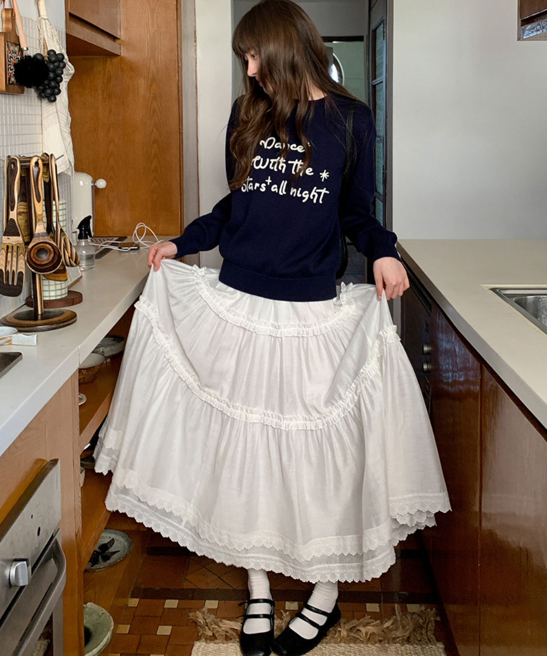 Wスカラップレースティアードスカート