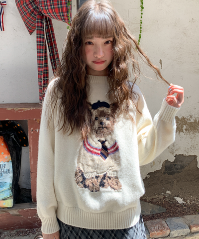 ドッグ柄クルーネックニットセーター
