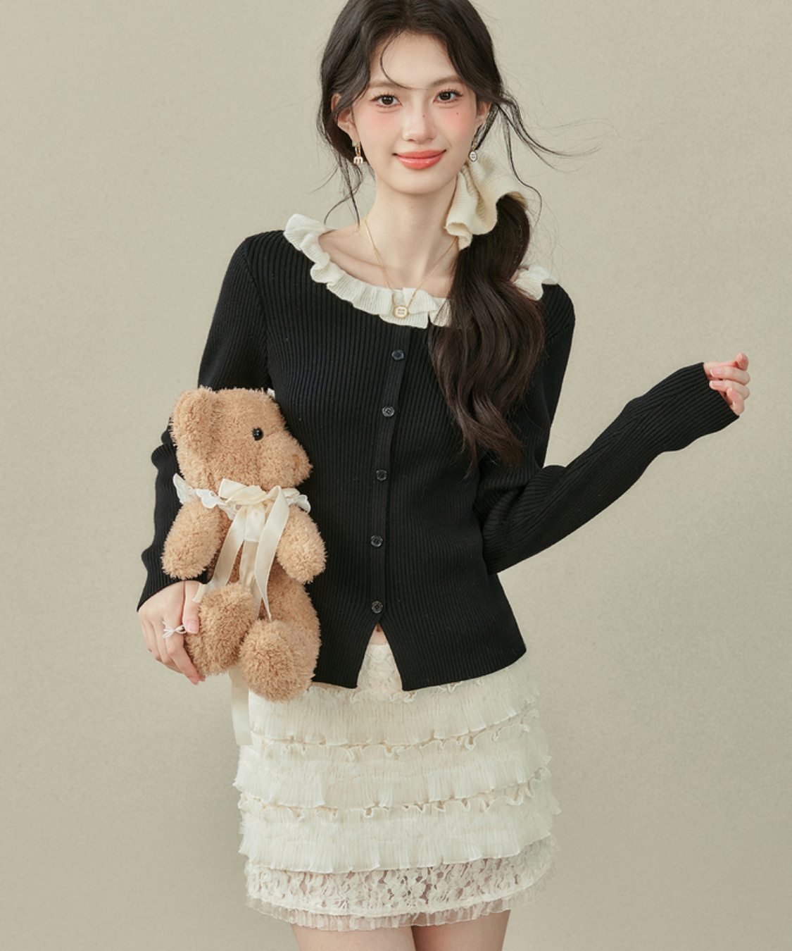 配色フリルカラーニットトップス