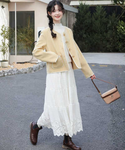 ティアード切り替えスカラップレースロングスカート