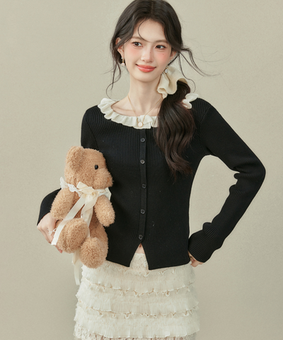 配色フリルカラーニットトップス