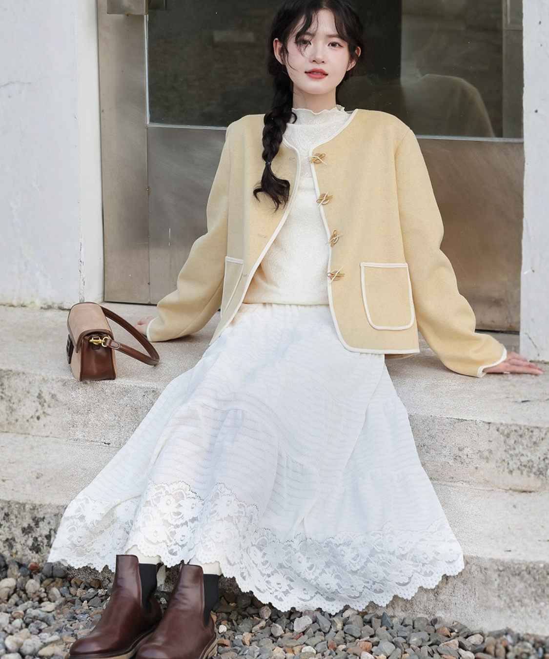 ティアード切り替えスカラップレースロングスカート