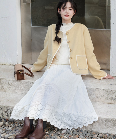 ティアード切り替えスカラップレースロングスカート