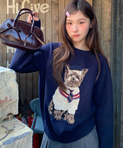 ドッグ柄クルーネックニットセーター