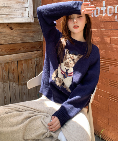 ドッグ柄クルーネックニットセーター