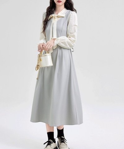 ボウタイレーススリーブ切替フェイクレイヤードワンピース