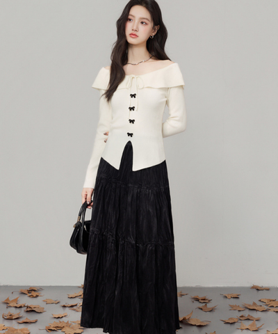 オフショルダーリボントップス＋ティアードスカート 2点セット