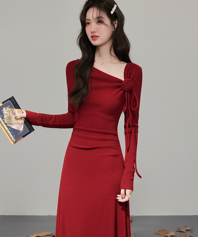 フラワーモチーフリボンリブニットワンピース