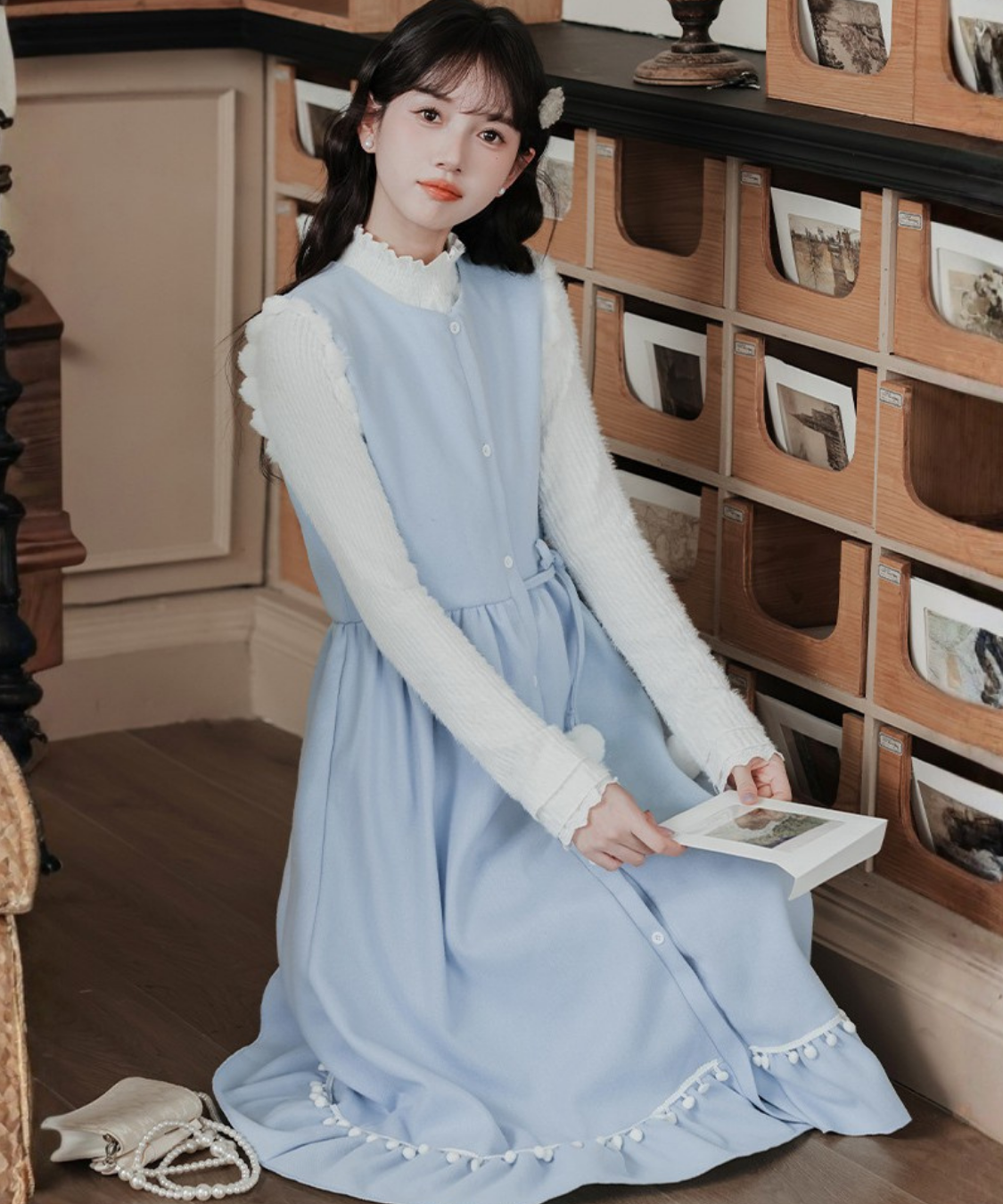 ポンポンリボンワンピース＋リブフリルニット 2点セット