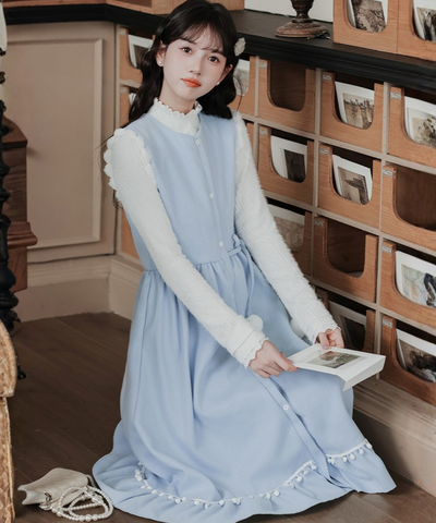 ポンポンリボンワンピース＋リブフリルニット 2点セット