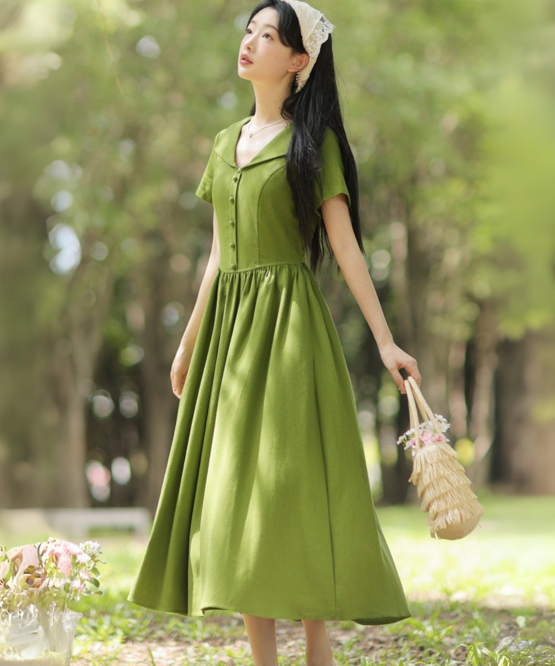 フロントボタン付きクスエアカラーワンピース