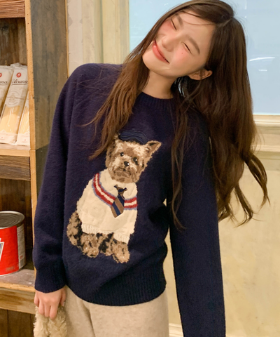 ドッグ柄クルーネックニットセーター