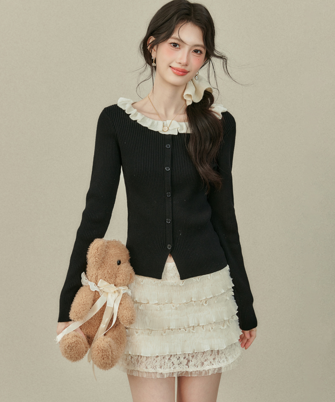 配色フリルカラーニットトップス