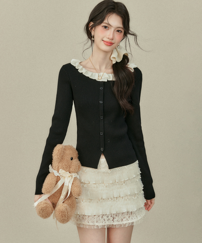 配色フリルカラーニットトップス