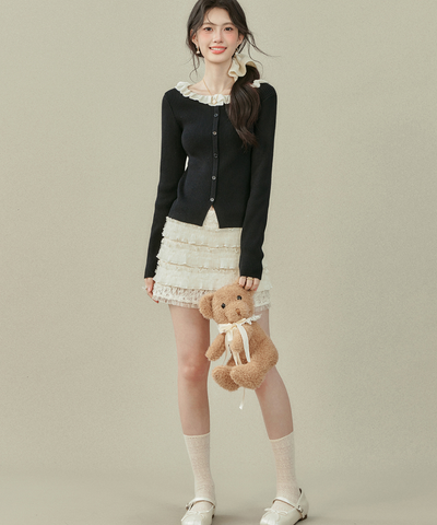 配色フリルカラーニットトップス