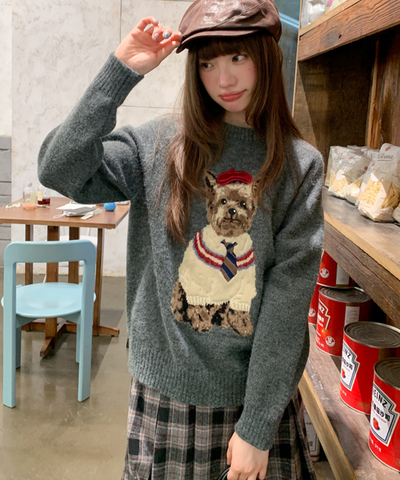 ドッグ柄クルーネックニットセーター