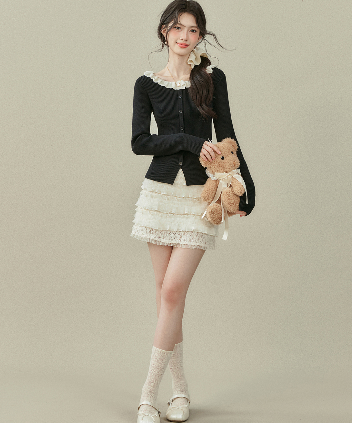 配色フリルカラーニットトップス