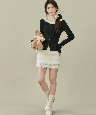 配色フリルカラーニットトップス