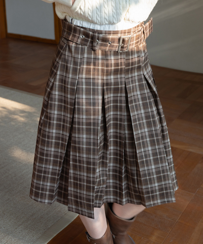 ベルト付きチェック柄ボックスプリーツスカート