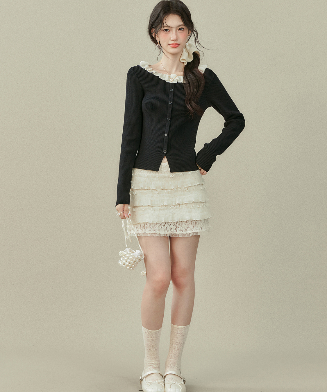 配色フリルカラーニットトップス