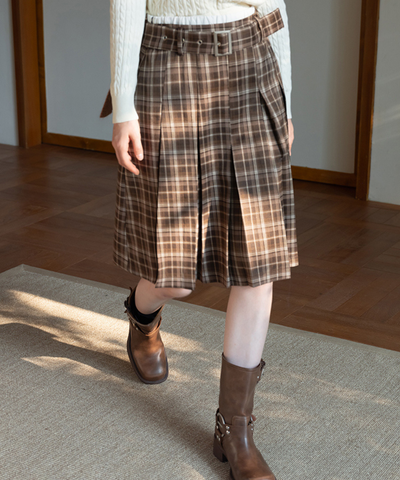 ベルト付きチェック柄ボックスプリーツスカート