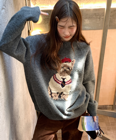 ドッグ柄クルーネックニットセーター
