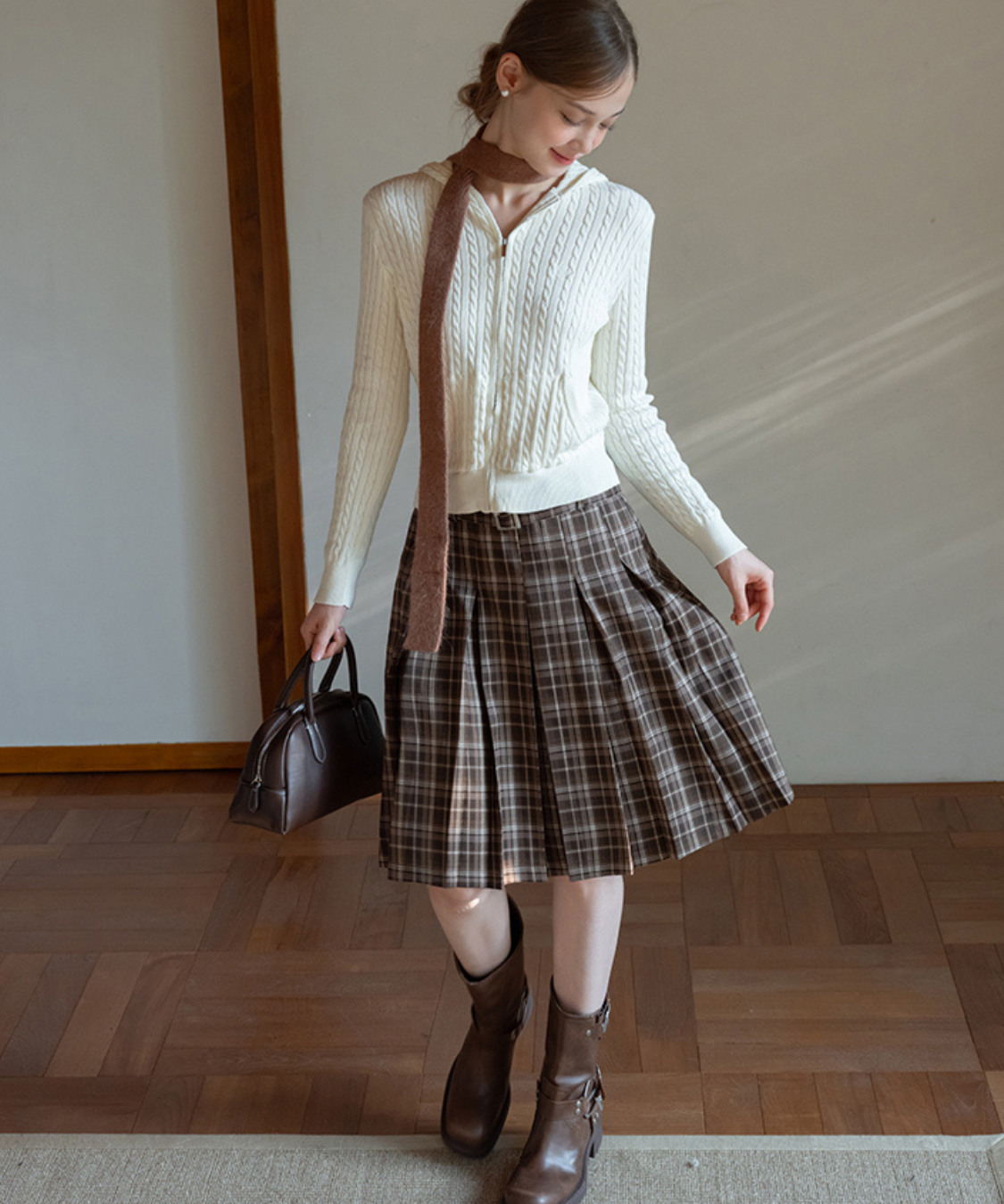 ベルト付きチェック柄ボックスプリーツスカート