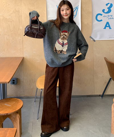 ドッグ柄クルーネックニットセーター