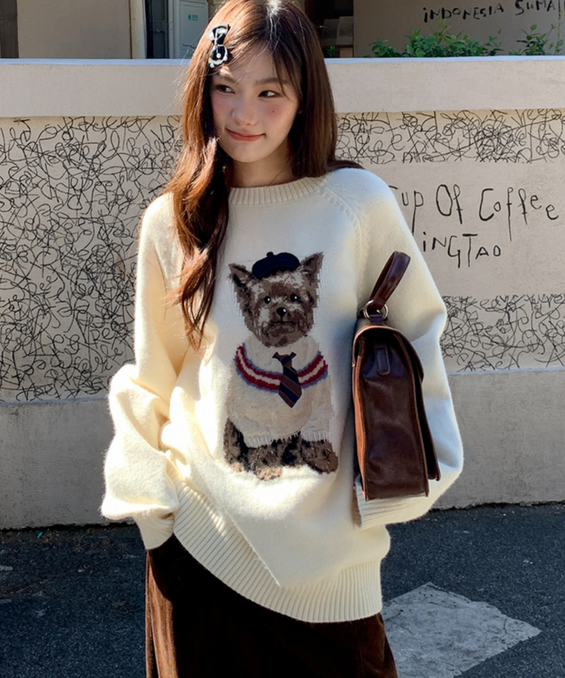 ドッグ柄クルーネックニットセーター