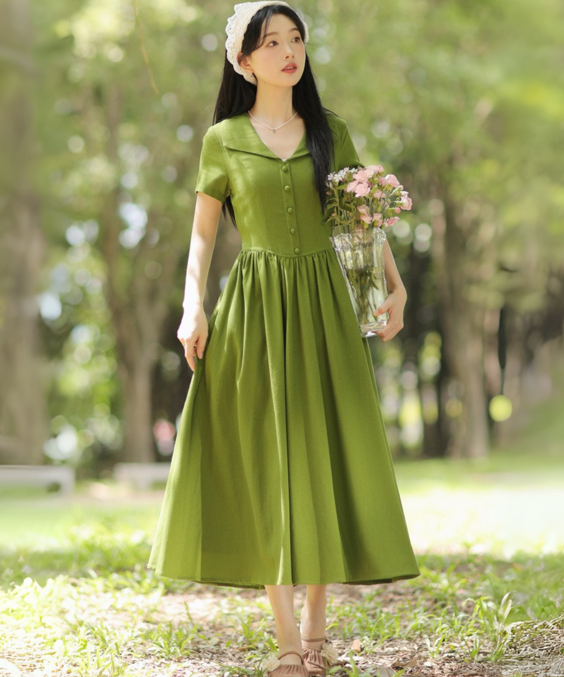 フロントボタン付きクスエアカラーワンピース