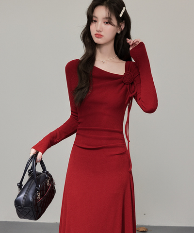 フラワーモチーフリボンリブニットワンピース