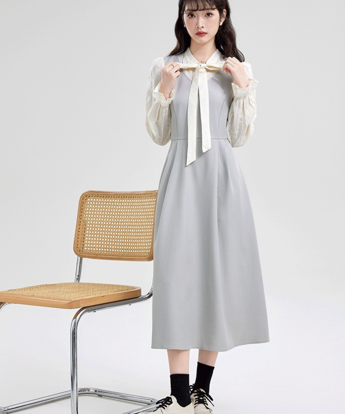 ボウタイレーススリーブ切替フェイクレイヤードワンピース