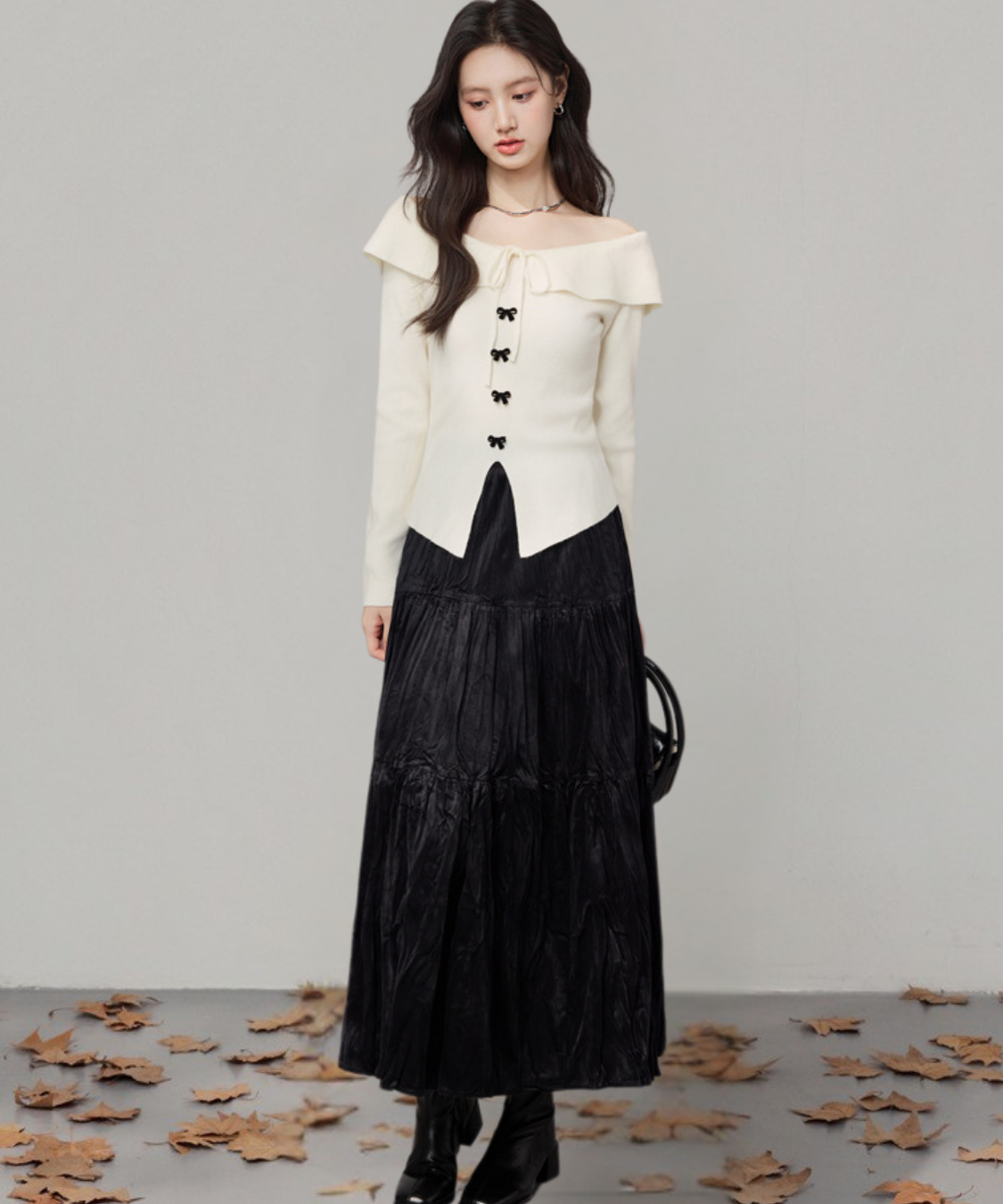 オフショルダーリボントップス＋ティアードスカート 2点セット