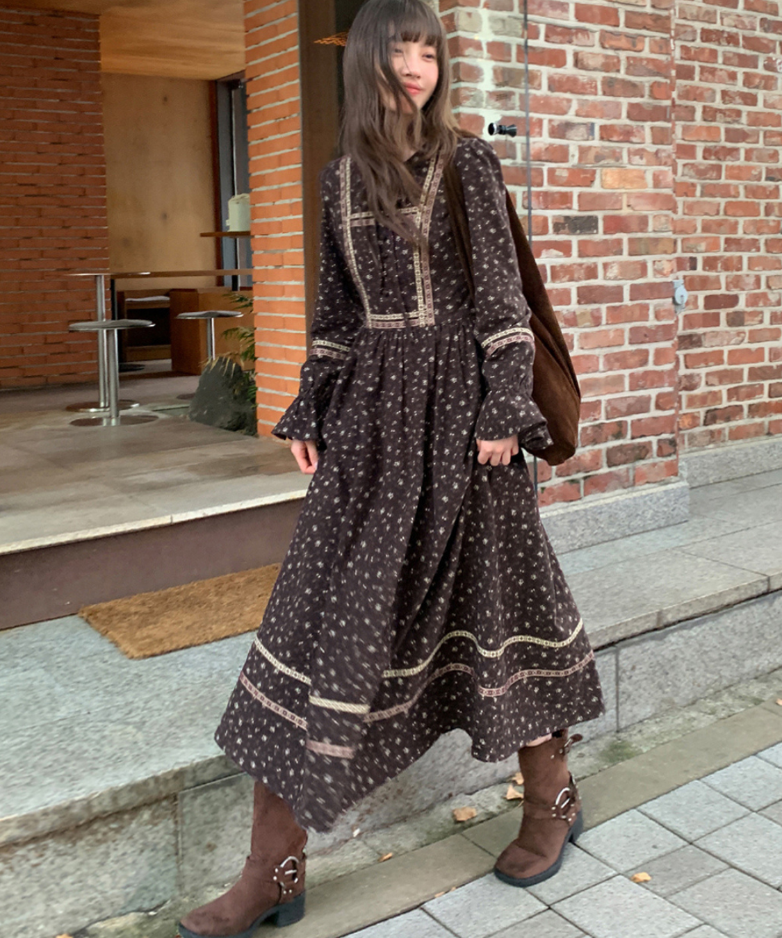 リボン付きラウンドネック民族調ワンピース