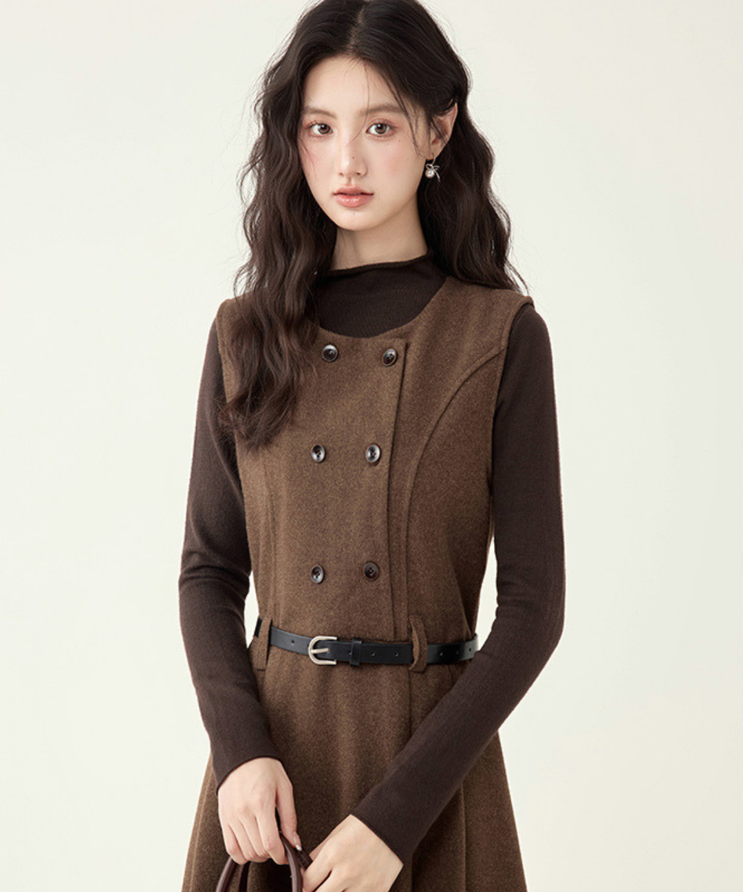 ダブルボタンウール調ジャンパースカート＋リブトップス 2点セット