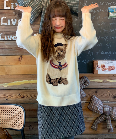 ドッグ柄クルーネックニットセーター