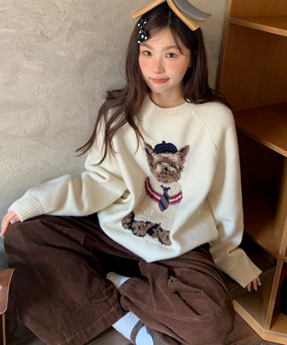 ドッグ柄クルーネックニットセーター