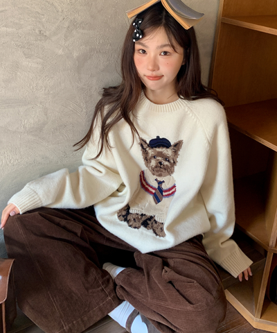 ドッグ柄クルーネックニットセーター