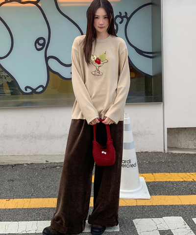 ベロア調裾ダブルワイドパンツ