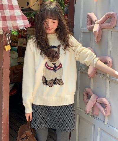 ドッグ柄クルーネックニットセーター