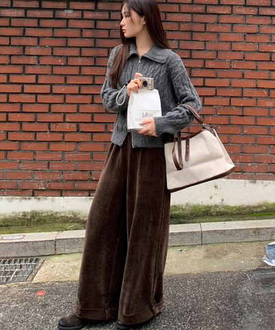 ベロア調裾ダブルワイドパンツ