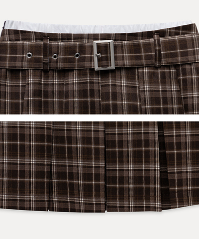 ベルト付きチェック柄ボックスプリーツスカート