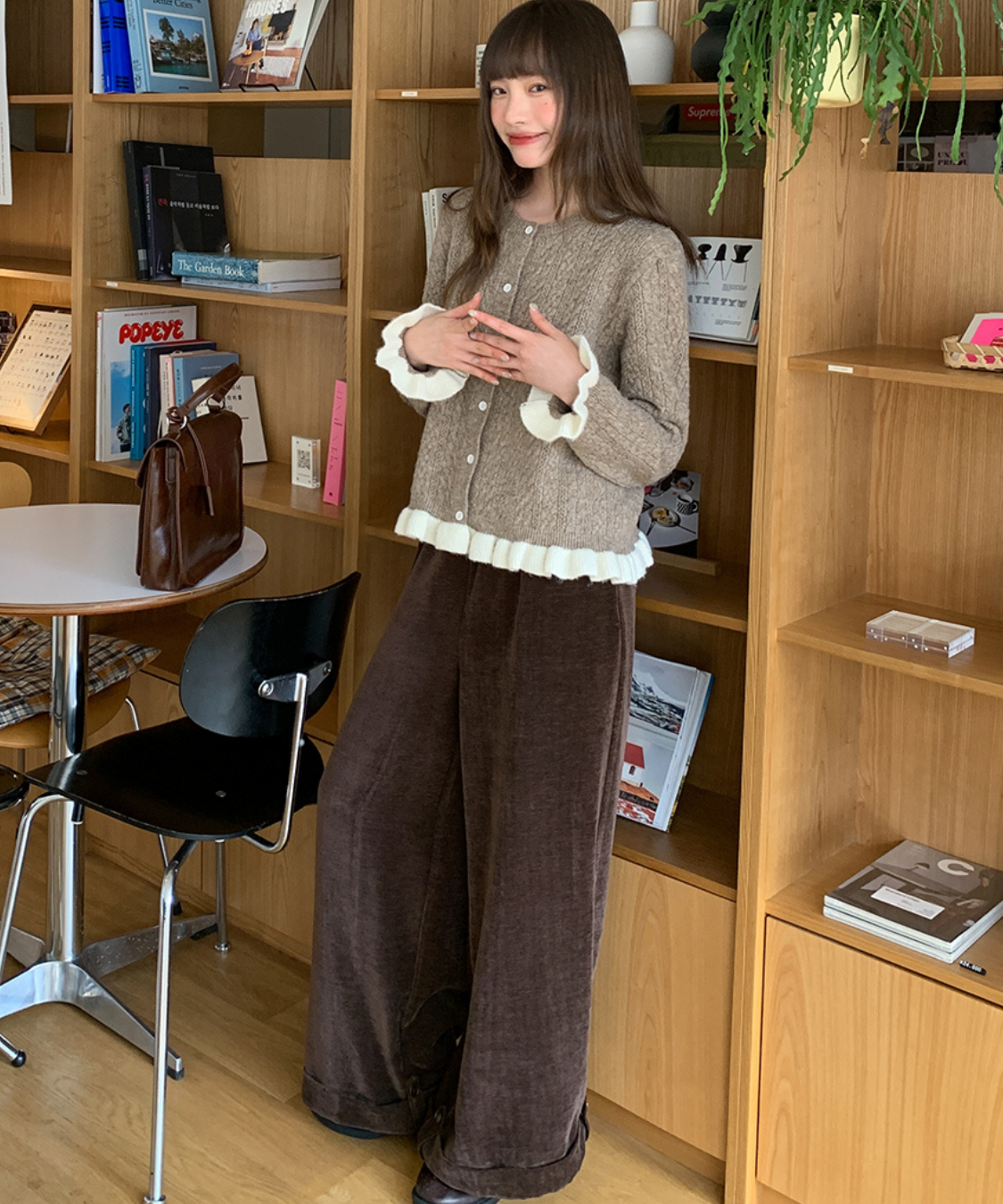 ベロア調裾ダブルワイドパンツ