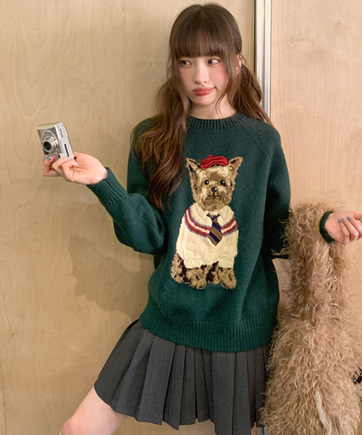ドッグ柄クルーネックニットセーター