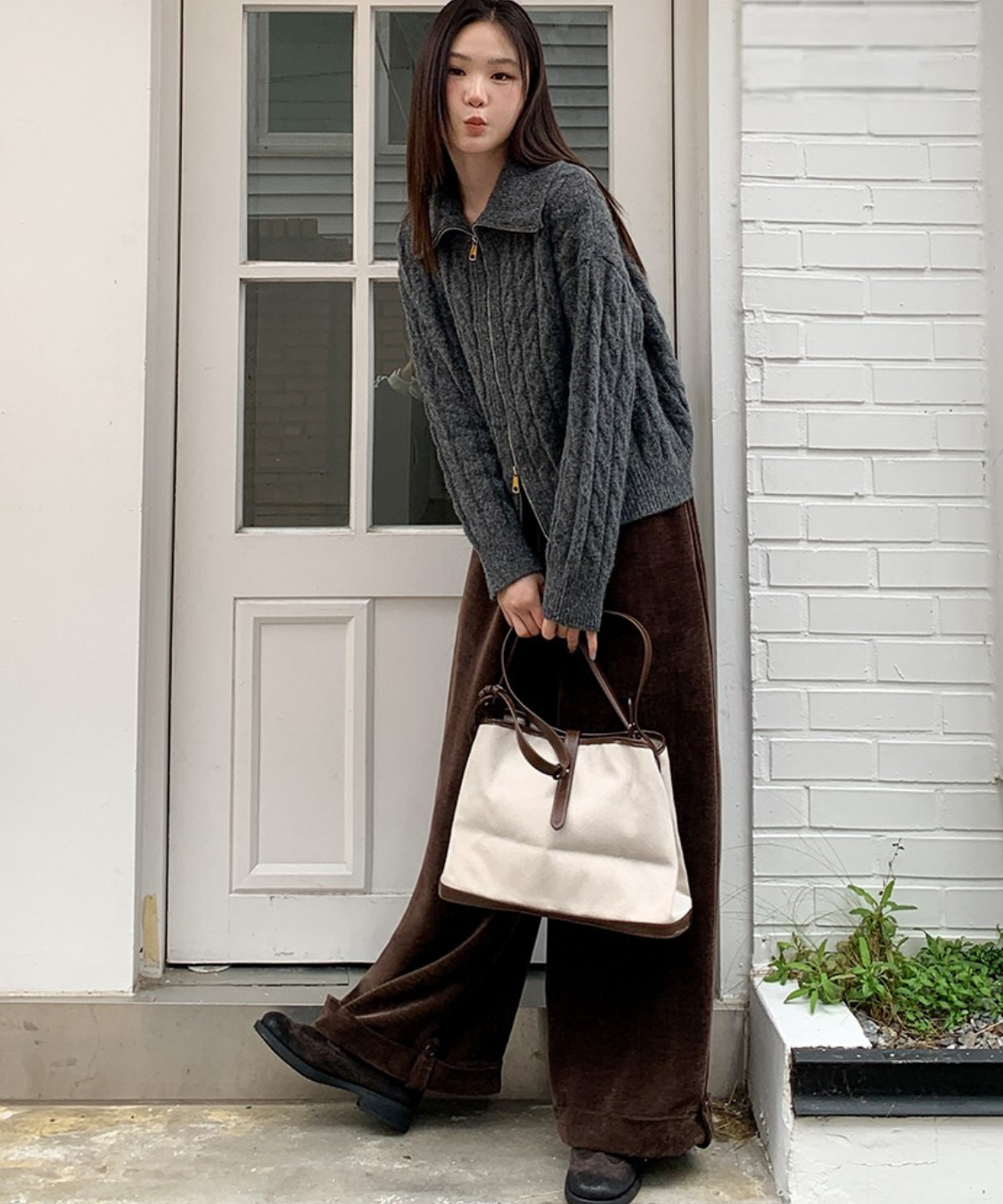 ベロア調裾ダブルワイドパンツ