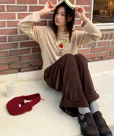 ベロア調裾ダブルワイドパンツ