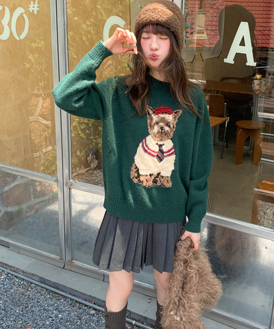 ドッグ柄クルーネックニットセーター