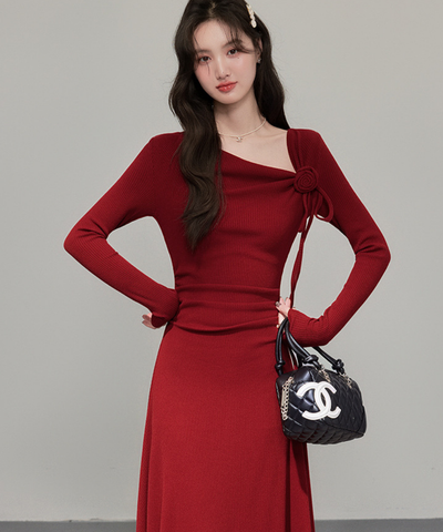 フラワーモチーフリボンリブニットワンピース