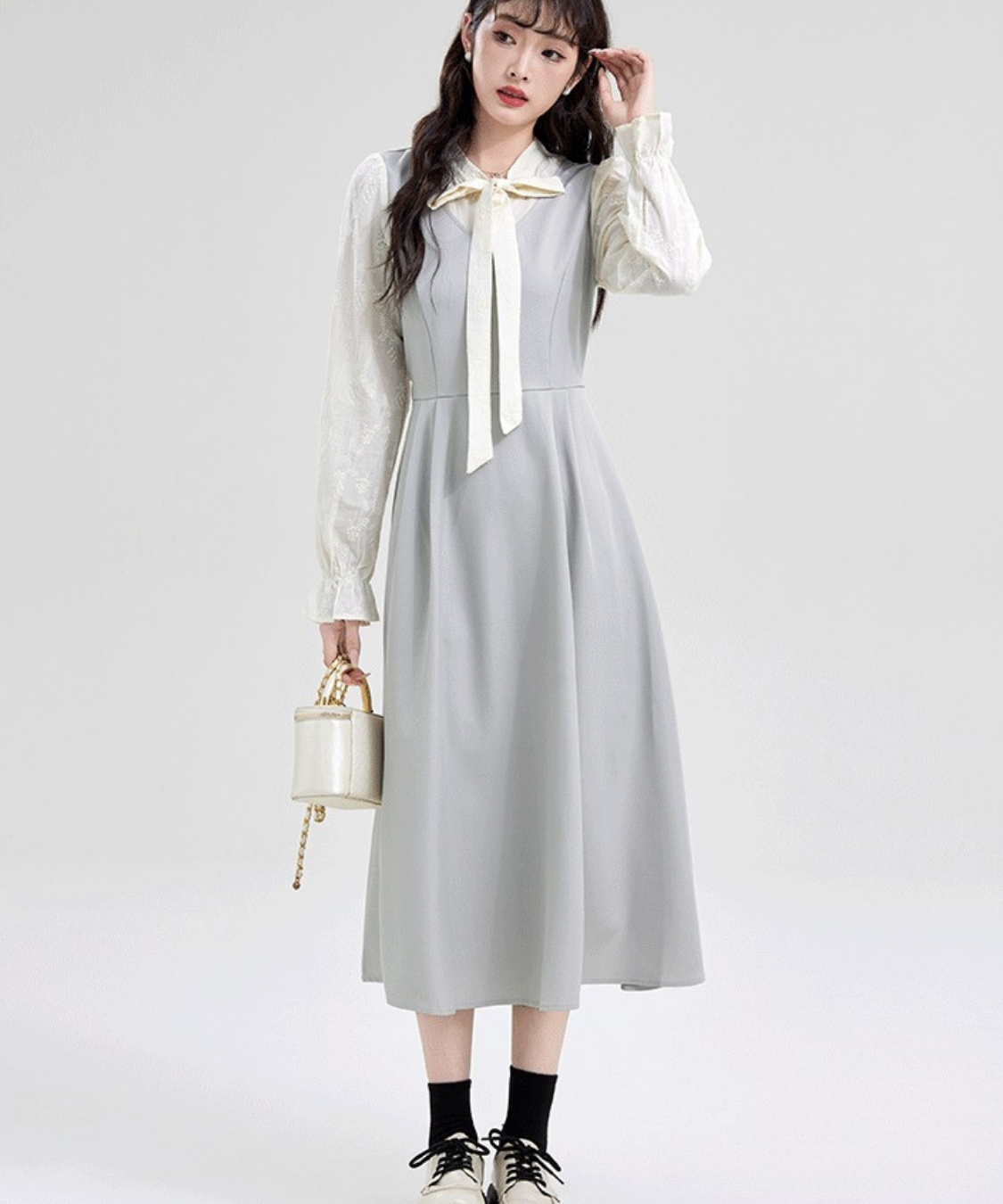 ボウタイレーススリーブ切替フェイクレイヤードワンピース