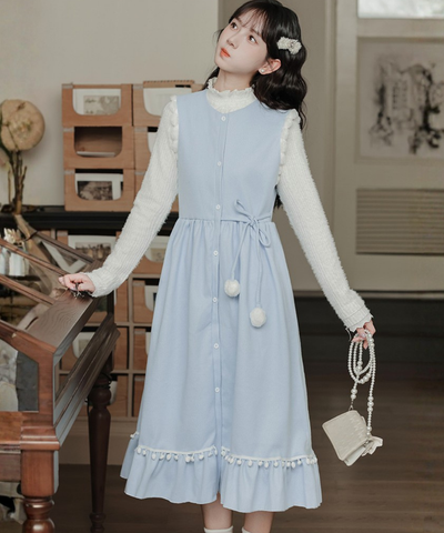 ポンポンリボンワンピース＋リブフリルニット 2点セット